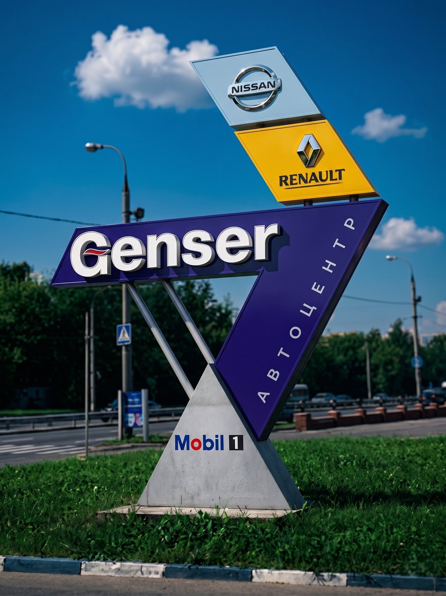 Пилон автоцентра Genser с логотипами Nissan и Renault