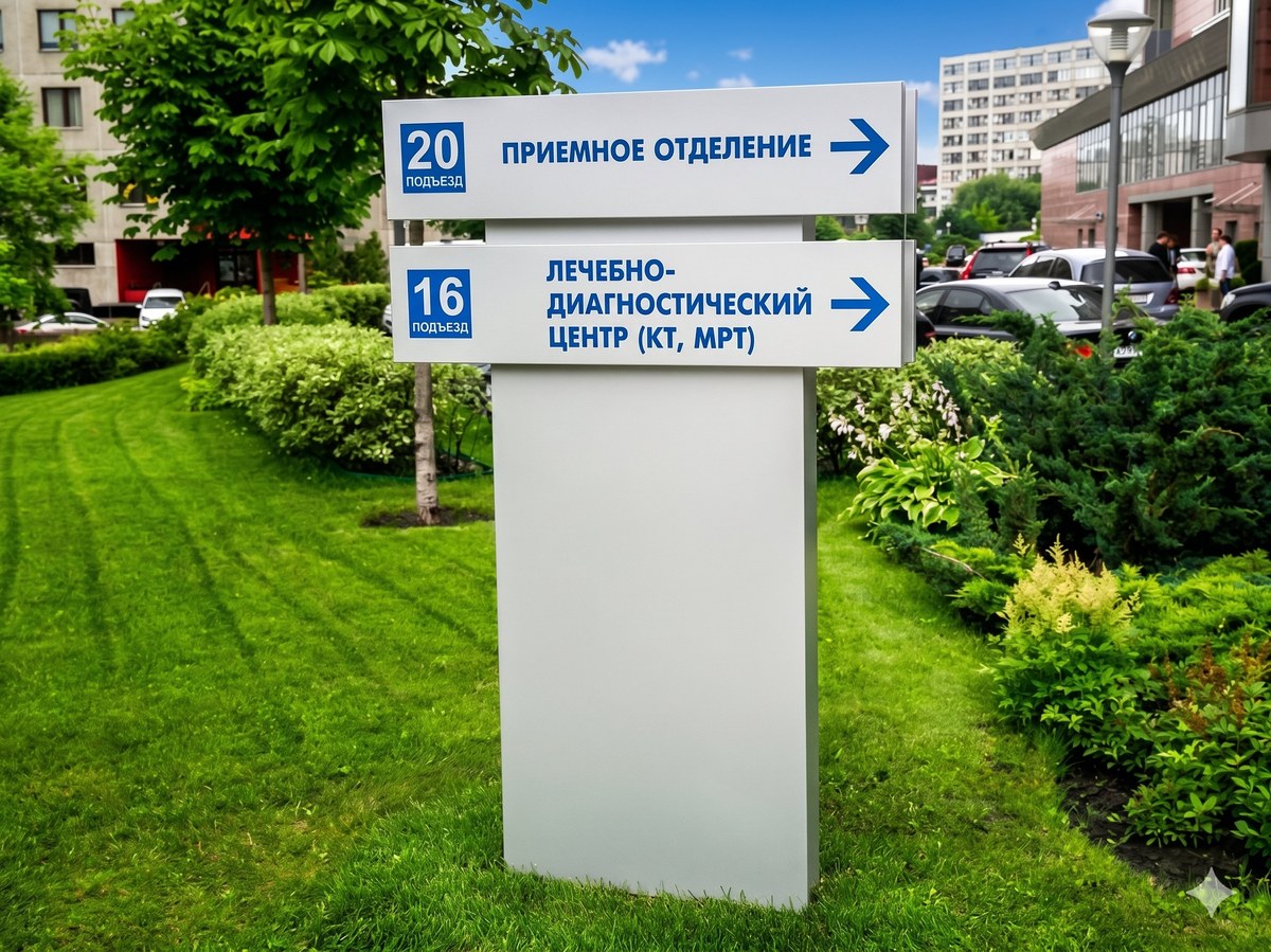 Навигационный указатель с двумя секциями на территории медицинского учреждения