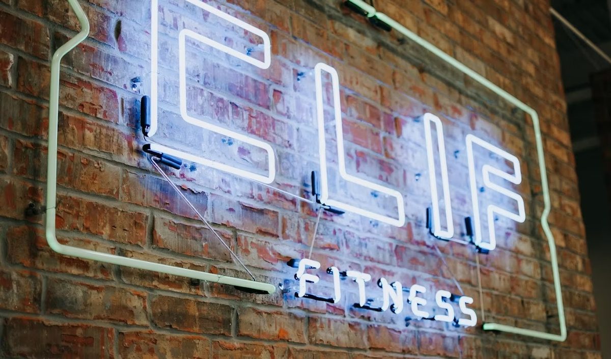 Неоновый логотип Elif Fitness на кирпичной стене фитнес-клуба