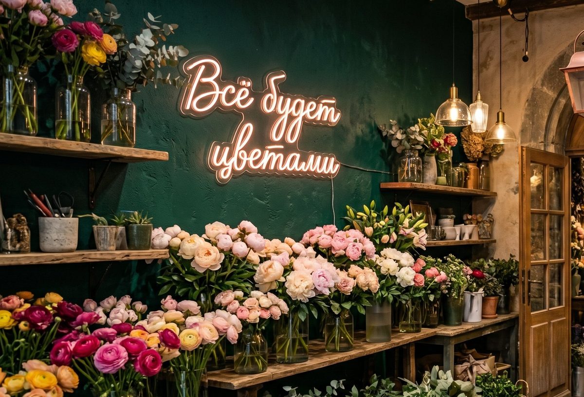 Интерьер цветочного магазина с неоновой надписью «Всё будет цветами» на тёмно-зелёной стене