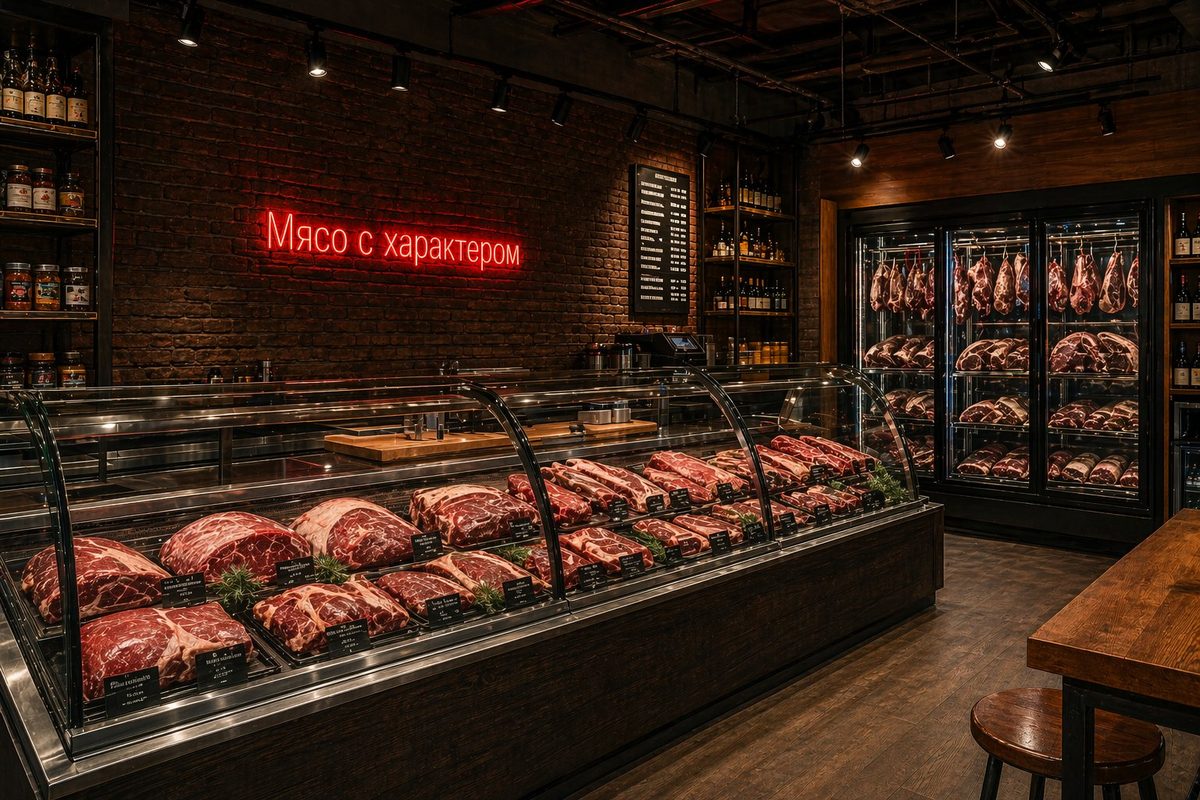 Неоновая надпись Мясо с характером в интерьере премиум мясной лавки