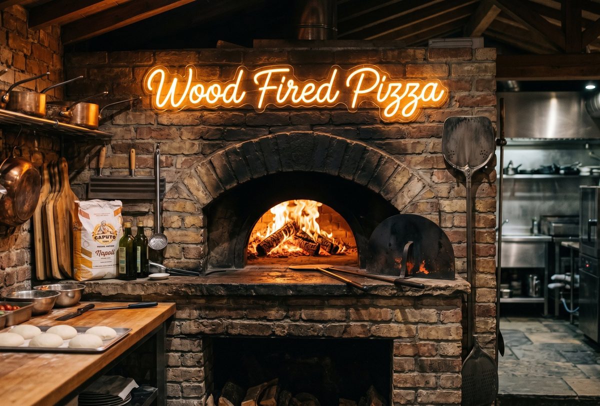 Неоновая надпись Pizza над дровяной печью в итальянском ресторане