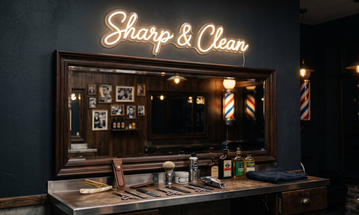 Неоновая надпись Sharp and Clean над зеркалом с барберскими инструментами