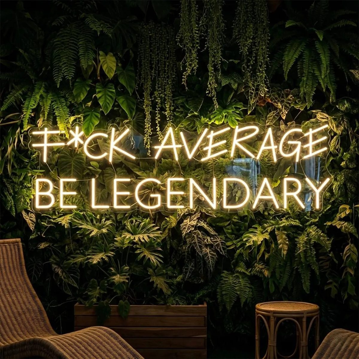 Неоновая надпись F*ck Average Be Legendary тёплым белым неоном на зелёной стене