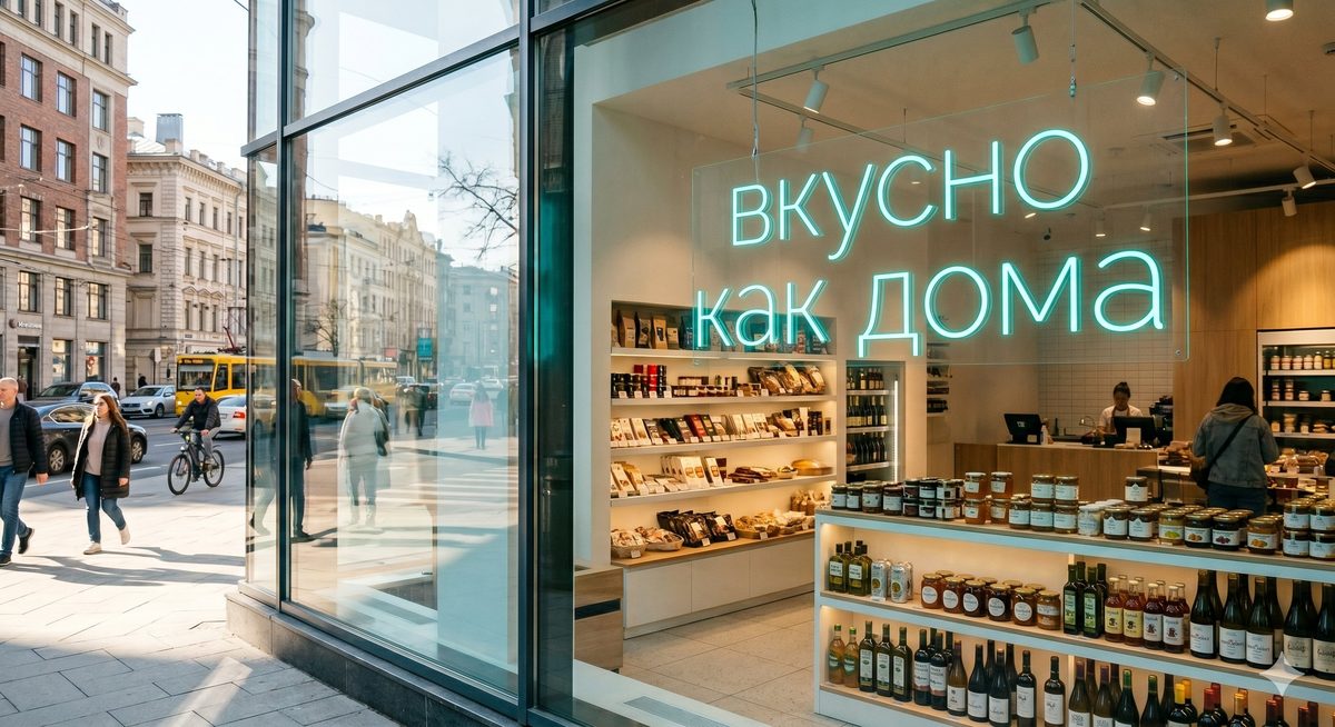 Витрина гастронома Вкусно как дома бирюзовый неон на фоне городской улицы
