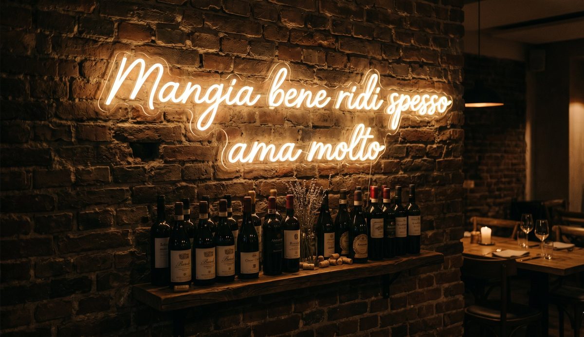 Неоновая итальянская надпись Mangia bene ridi spesso ama molto на стене ресторана