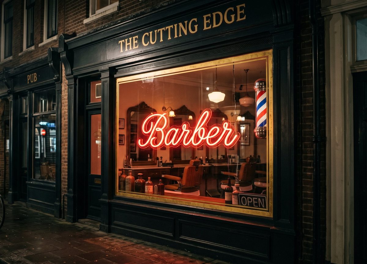 Неоновая вывеска Barber в витрине барбершопа — вид с улицы ночью