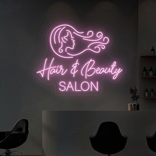 Неоновый логотип Hair and Beauty Salon с силуэтом женщины над стойкой администратора