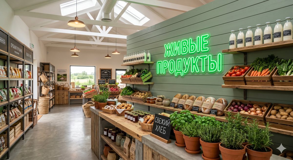 Фермерская лавка Живые продукты зелёный неон на стене с молоком и овощами