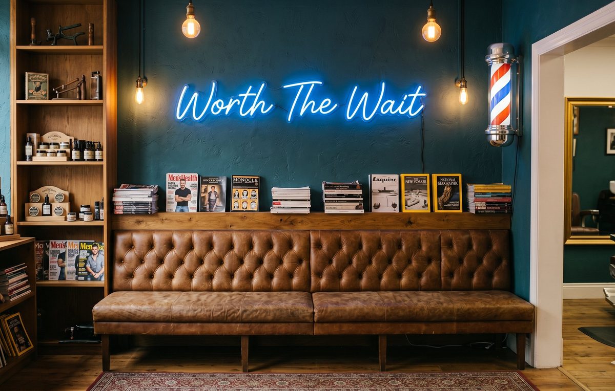Зона ожидания в барбершопе с синей неоновой надписью Worth The Wait над кожаным диваном