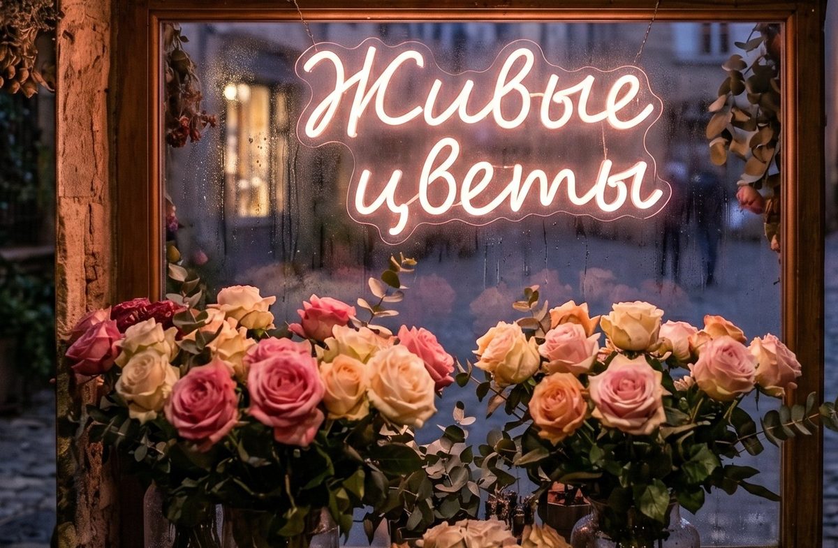 Витрина цветочного магазина ночью с неоновой надписью «Живые цветы», розы видны сквозь стекло с каплями дождя