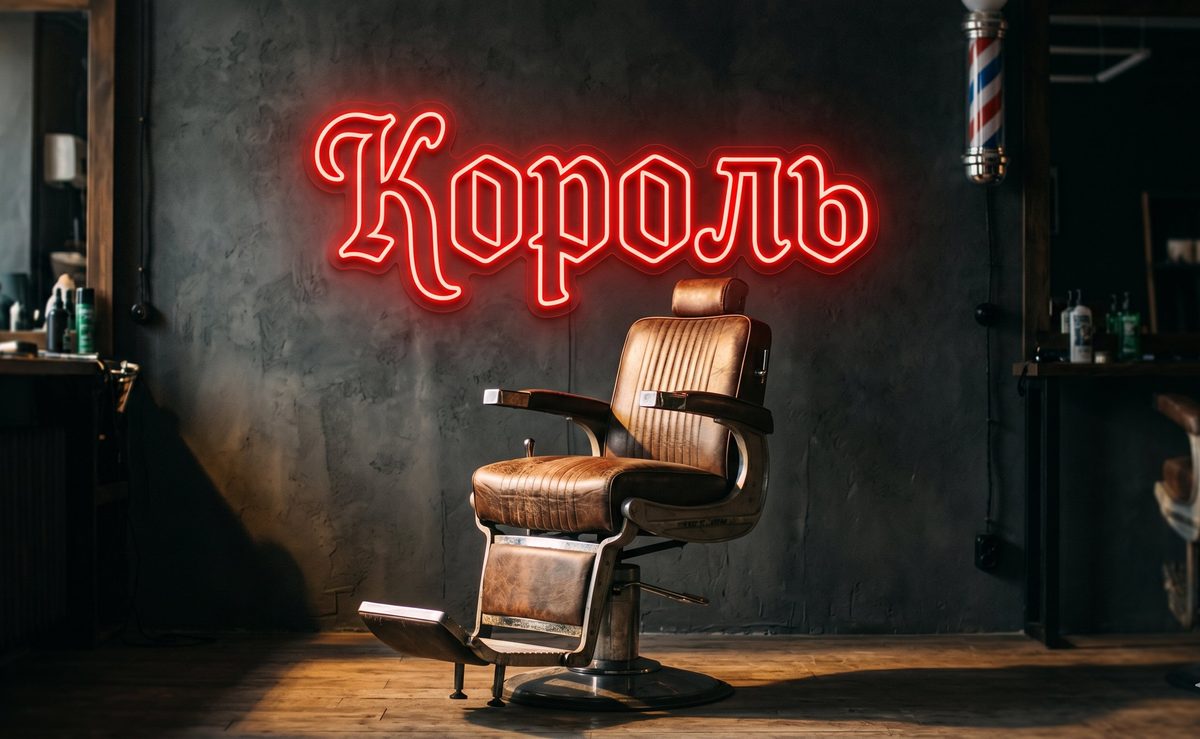 Барберское кресло на фоне неоновой надписи Король — фотозона в барбершопе