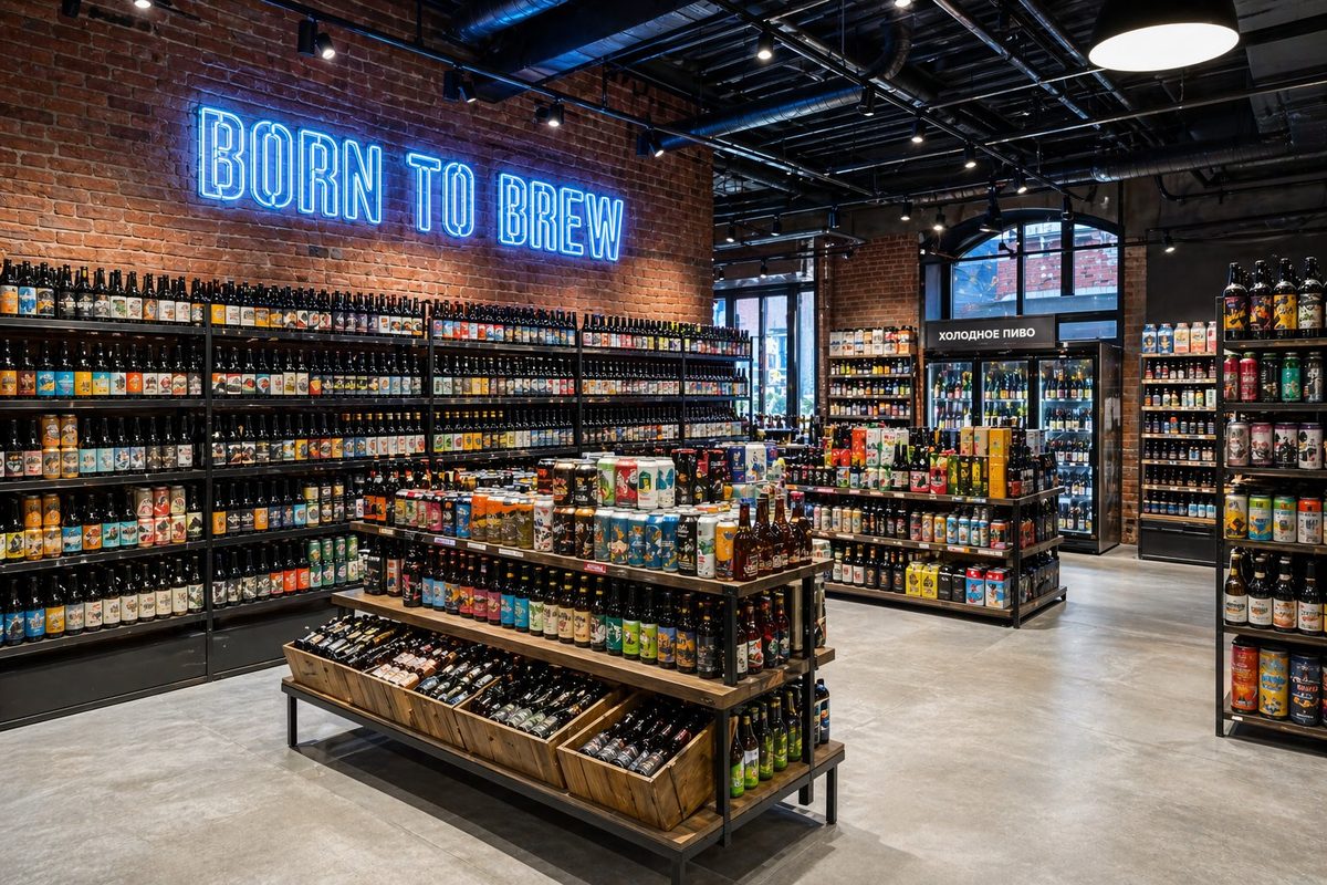 Неоновая надпись Born To Brew синим неоном на кирпичной стене крафтового пивного магазина