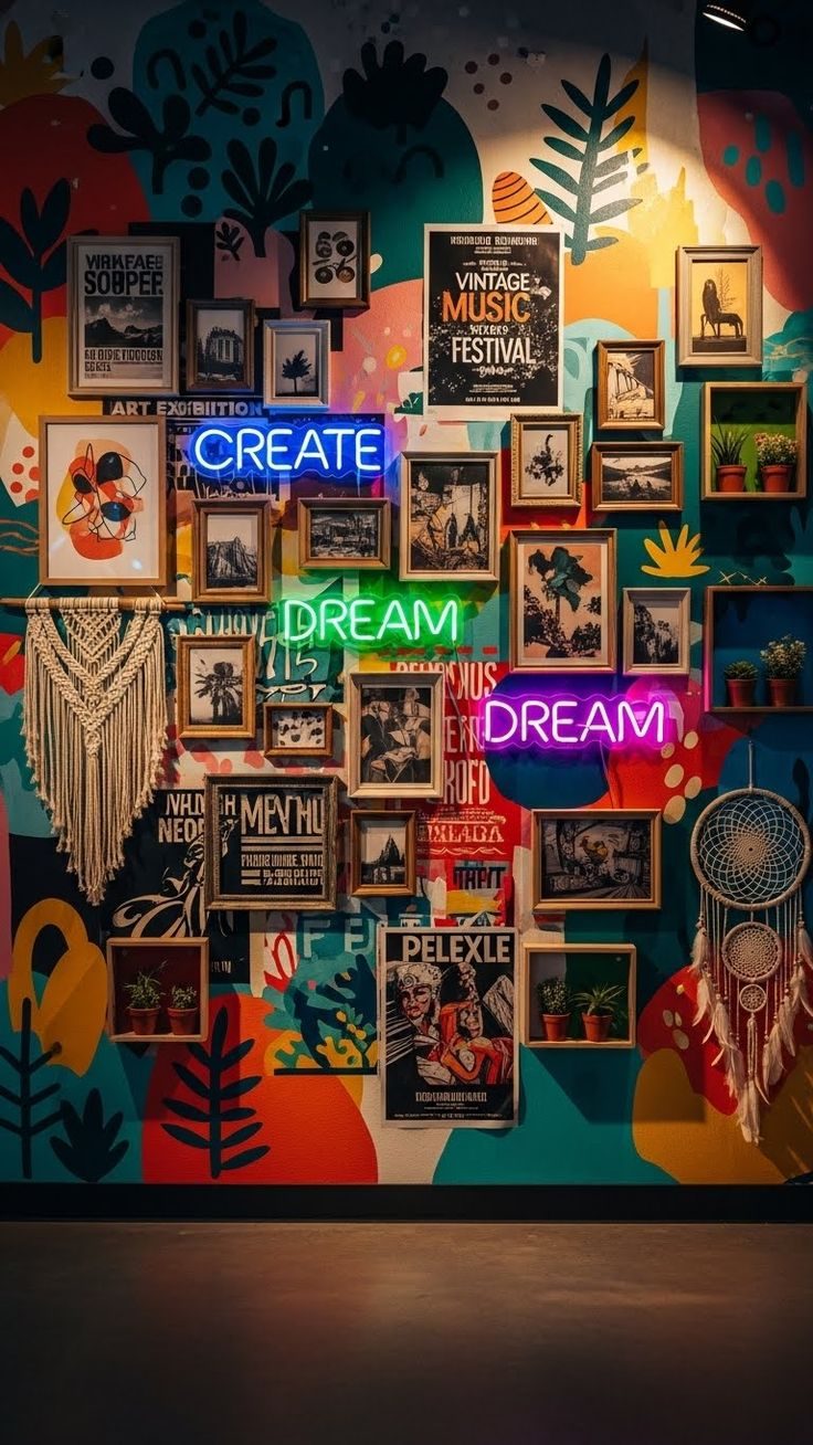 Стена с постерами и неоновыми надписями Create и Dream в концептуальном интерьере
