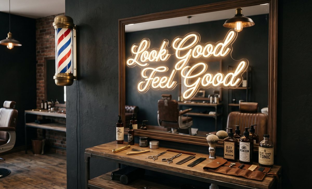Неоновая надпись Look Good Feel Good в зеркале барбершопа над рабочим местом мастера