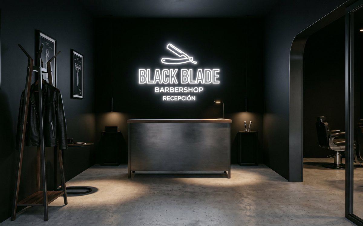 Неоновый логотип барбершопа Black Blade на тёмной стене у стойки администратора
