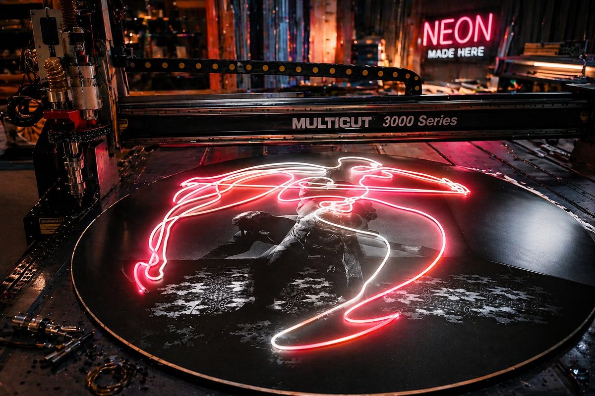 Производство неоновых вывесок NEON2 — фрезерный станок и готовая неоновая вывеска в цеху