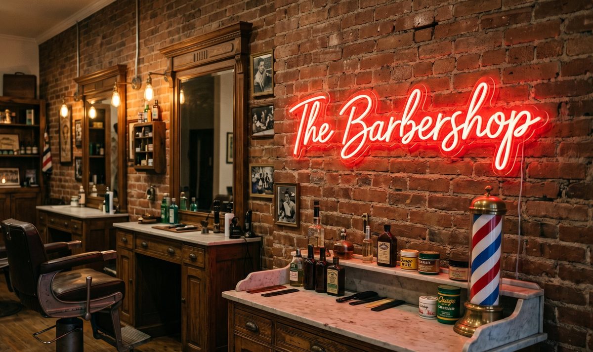 Классическая неоновая надпись The Barbershop красным неоном на кирпичной стене