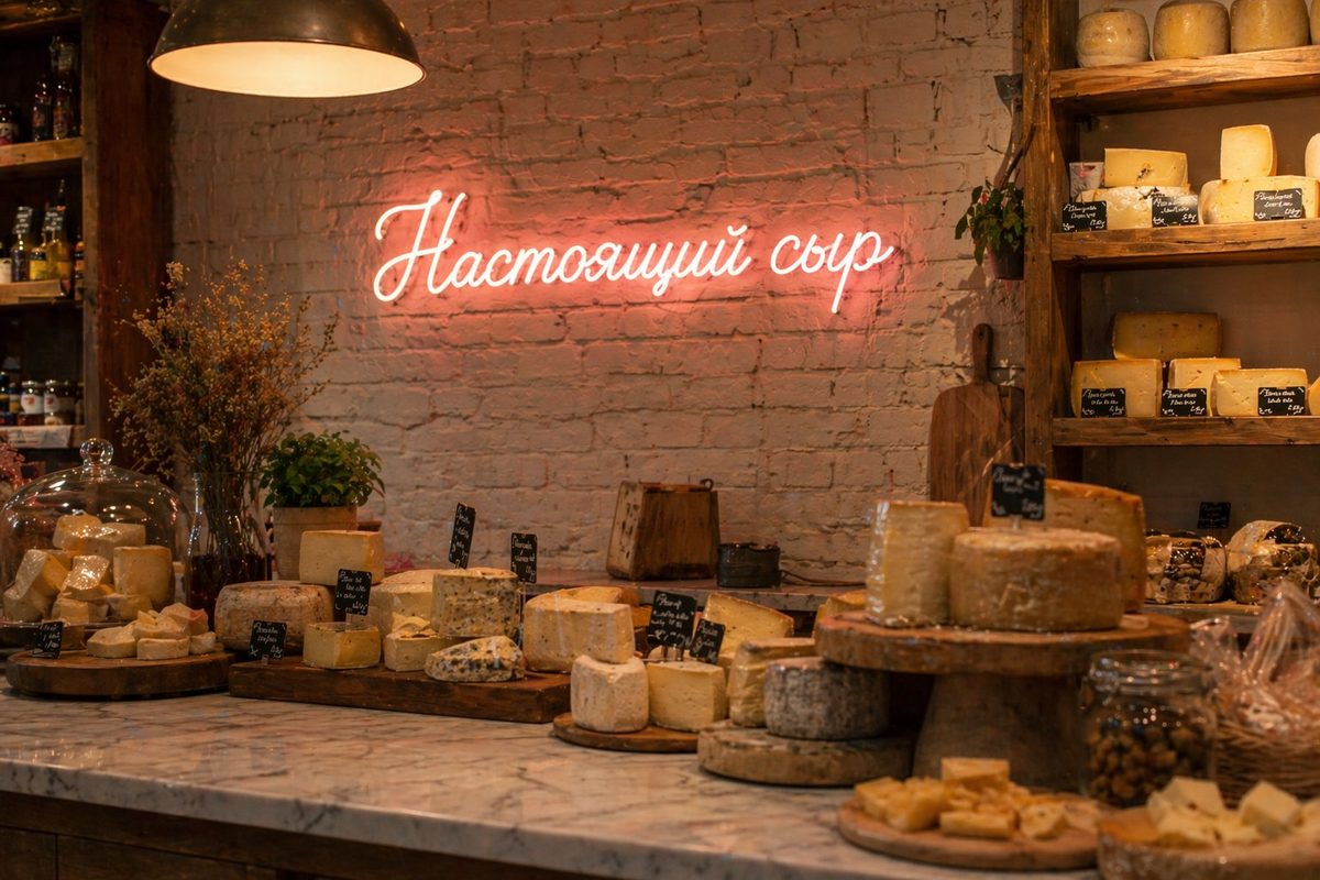 Неоновая надпись Настоящий сыр розовым неоном на кирпичной стене сырной лавки с головками сыра