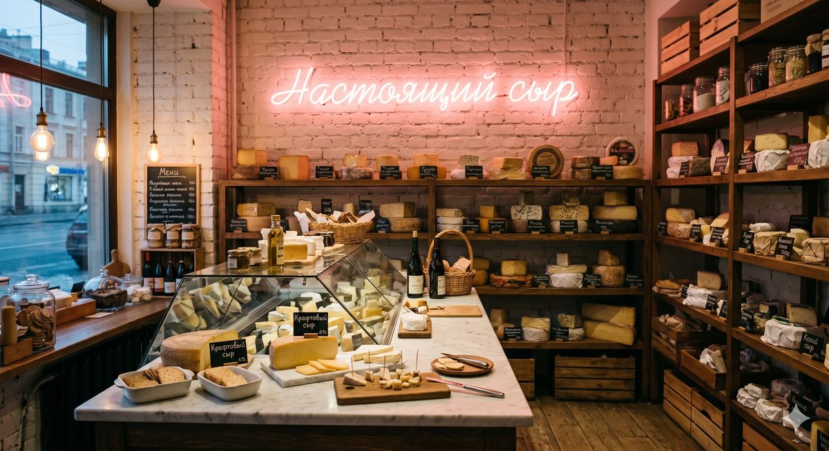 Сырная лавка с неоновой вывеской вид с улицы через витрину