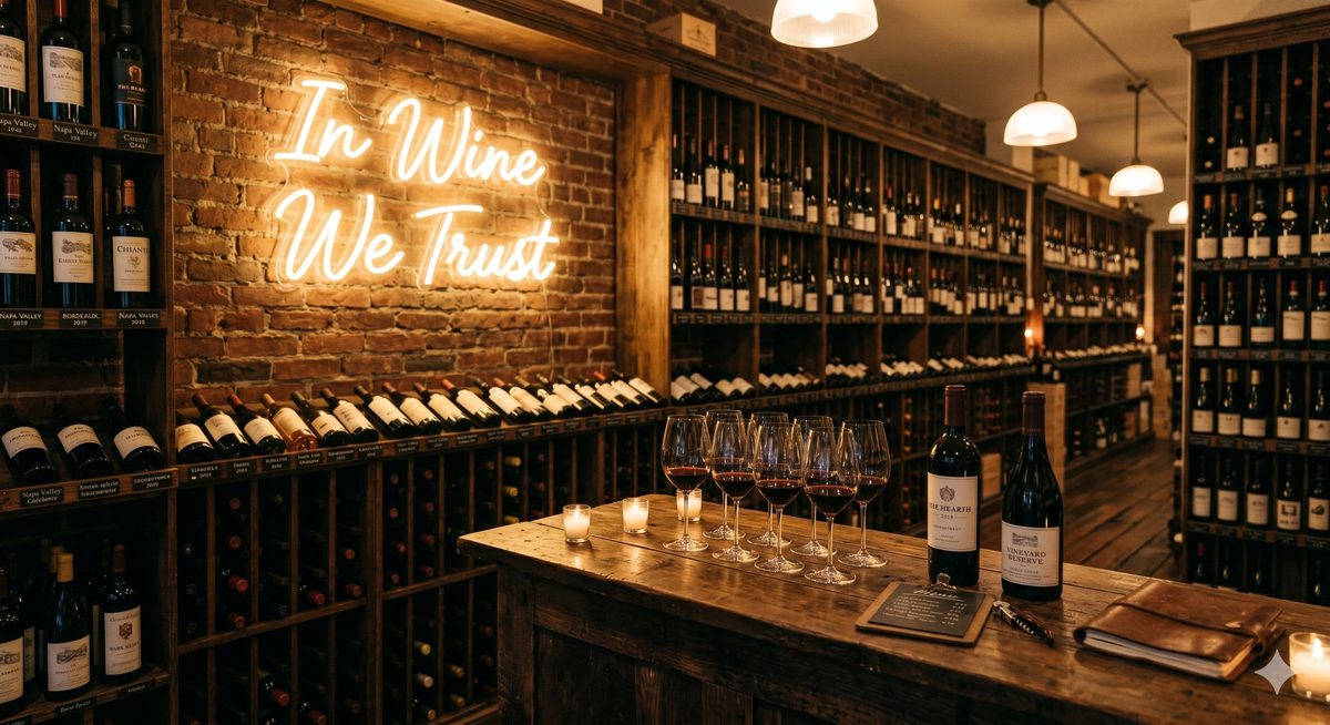 Неоновая надпись In Wine We Trust тёплым белым неоном в винотеке с деревянными стеллажами и бокалами